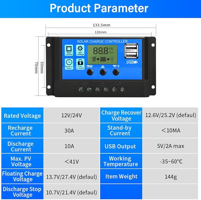 PWM Solar Charge Controller 30A Solar Panel Controller 12V/24V Auto Adjustable - Image 2