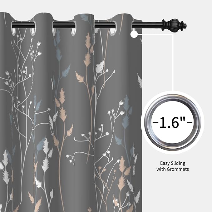 Gray-Blue Leaves Blackout Curtains 63 Inch Length, Room Darkening Curtains - Image 6