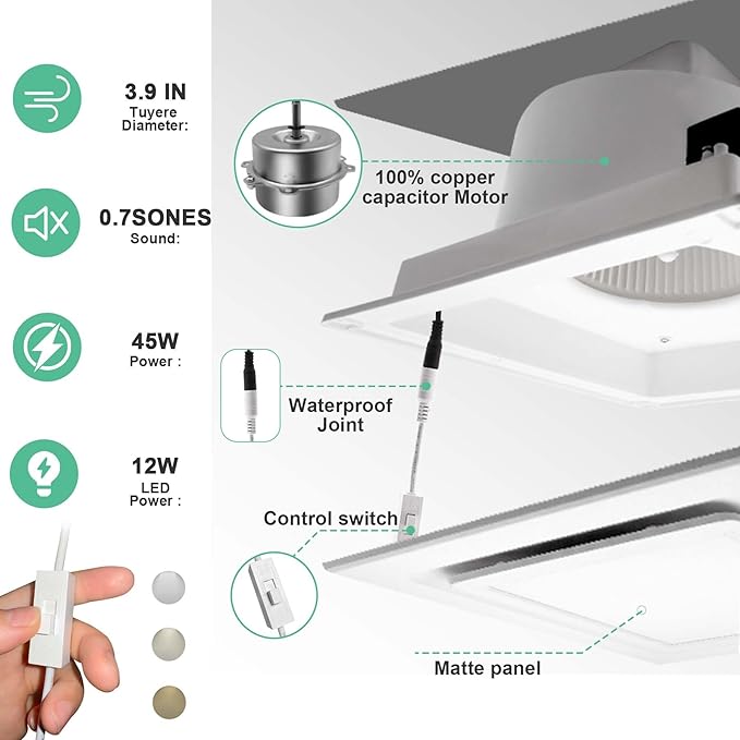Bathroom Exhaust Fan with Light, 11.8 in Panel, 12W Square LED, 141 CFM - Image 3