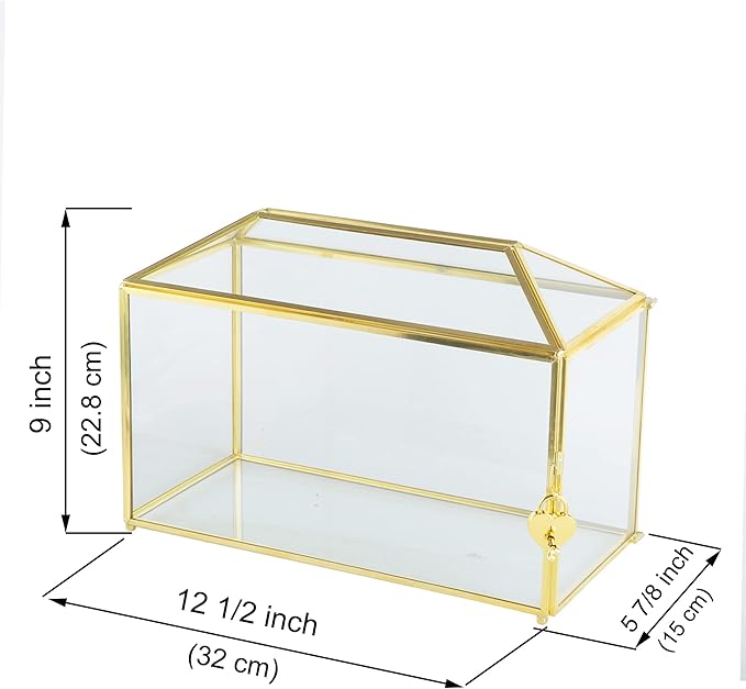 Glass Wedding Card Box with Slot, 12.6 inch Large Clear Card Box Gold Brass - Image 7