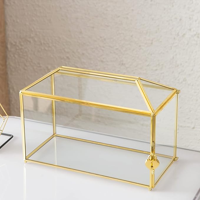 Glass Wedding Card Box with Slot, 12.6 inch Large Clear Card Box Gold Brass - Image 5