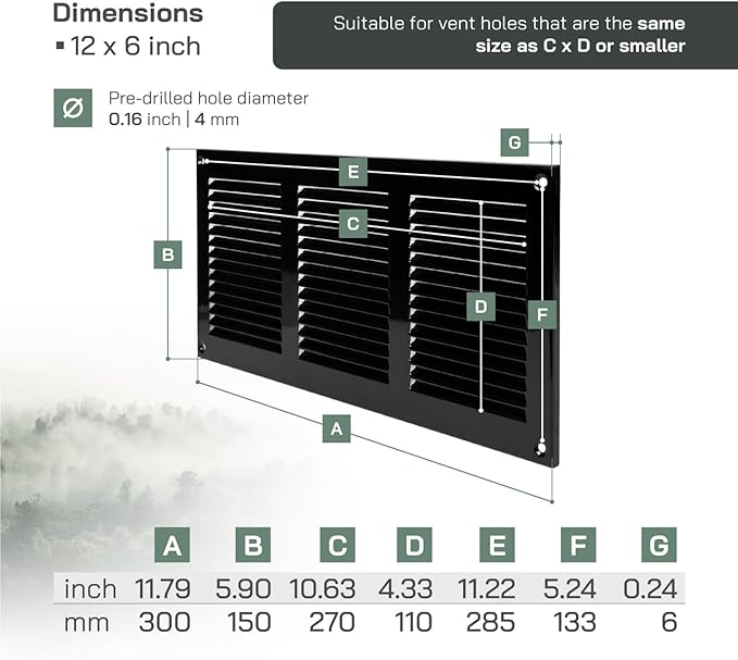 Vent Systems 12'' x 6'' Inch Black Metal Vent Duct Cover - Image 2