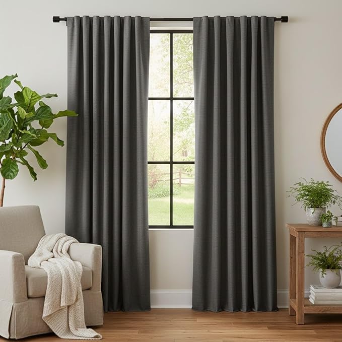 RYB HOME 100% Blackout Linen Textured Curtains 90 inches Long, Thermal by RYBHOME