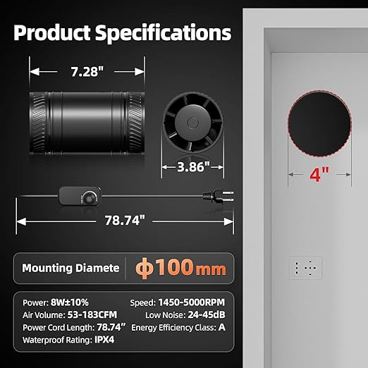 4 Inch Inline Duct Fan with Speed Controller, Upgraded Inline Fans - Image 6