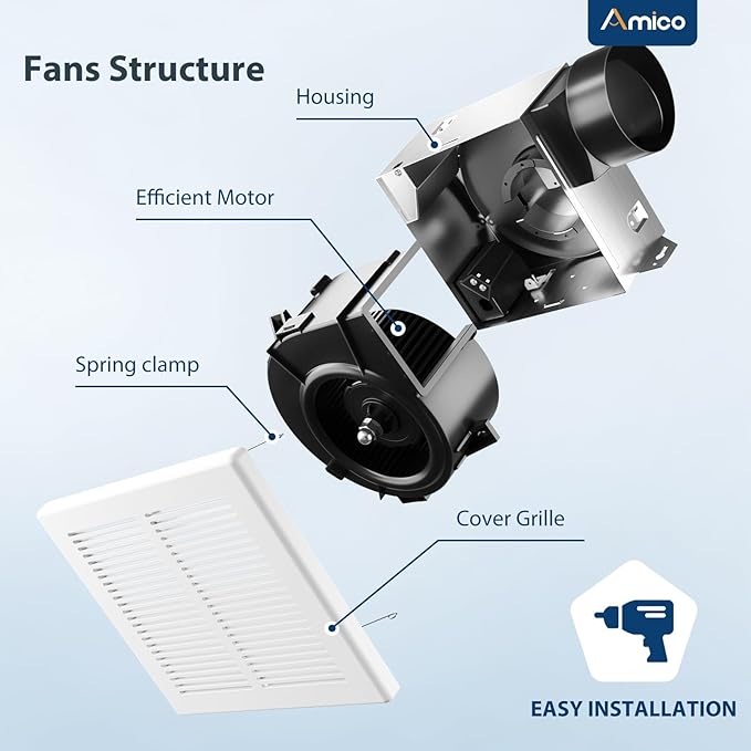 Amico Bathroom Exhaust Fan, 1.0 Sones, 80 CFM, Low Noise, Ceiling Mounted - Image 8