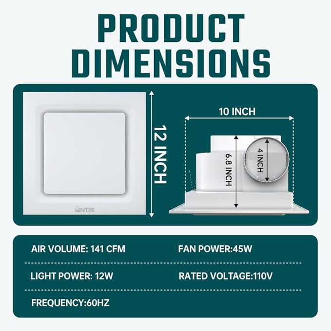 Bathroom Exhaust Fan, 12 INCH, Upgraded Quiet Square Vent Fans, 141 CFM - Image 2