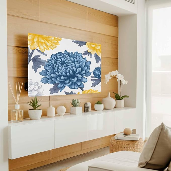 Pastoral White Blue Yellow Flower Indoor TV Cover, Elastic TV Screen Protector - Image 2