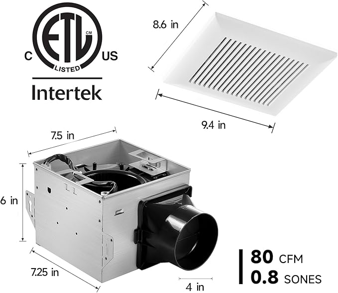 Tech Drive Bathroom Exhaust Fan 80 CFM, 0.8 Sone, 4-Inch Duct, No Attic Access - Image 2