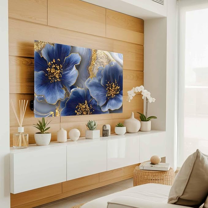 Watercolor Blue Flower Abstract Gold Indoor TV Cover, Elastic TV Screen - Image 3