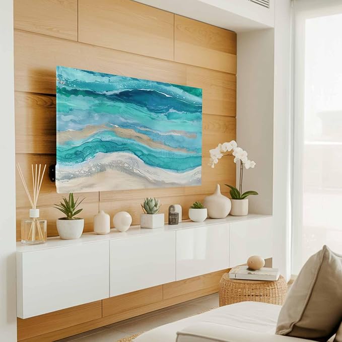 Marine Coastal Wave Turquoise Ombre Indoor TV Cover, Elastic TV Screen - Image 3
