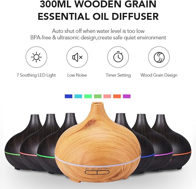 Wood Grain Aroma Diffuser 300 ml Light Yellow, Essential Oils, Ultrasonic Cool - Image 3