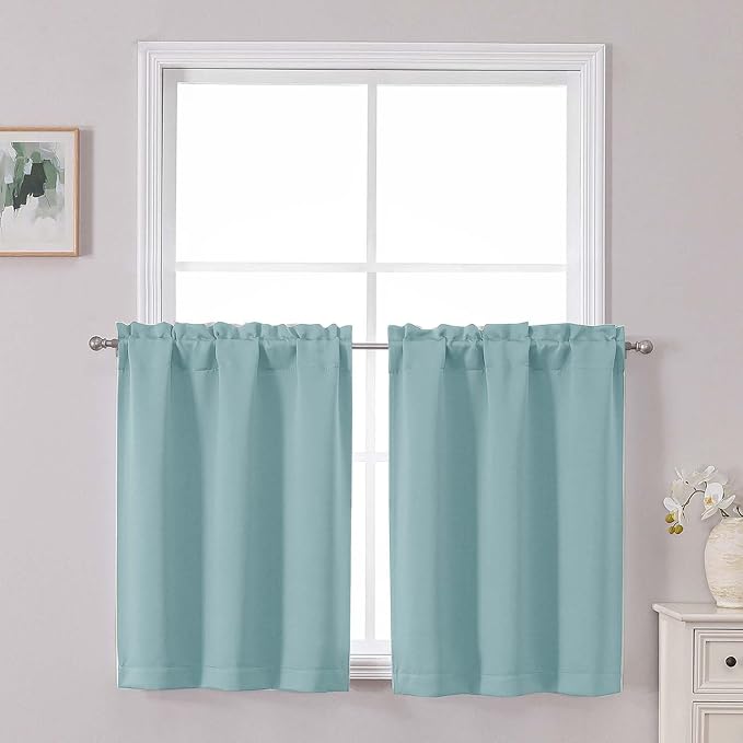 Chyhomenyc Short Aqua Curtains 30 Inch Length, Small Kitchen Curtain Rod Pocket by Chyhomenyc