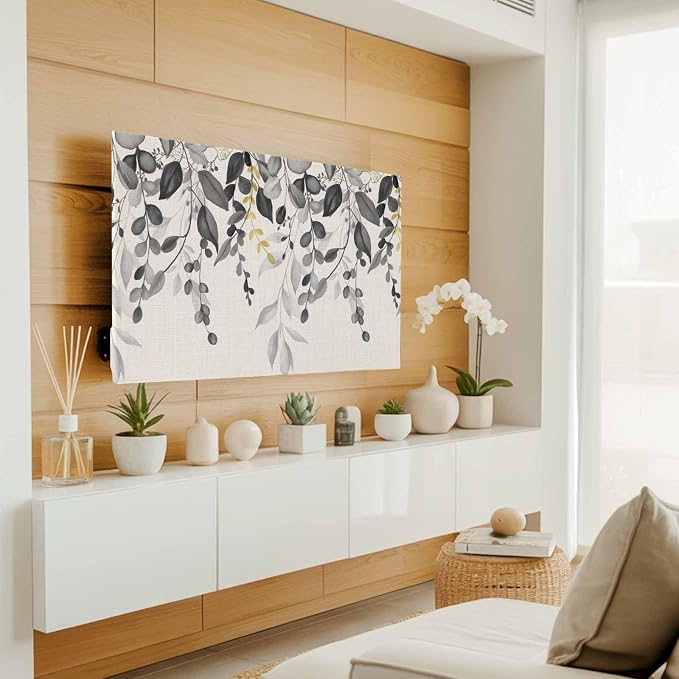 Eucalyptus Country Gray Leaves Indoor TV Cover, Elastic TV Screen Protector - Image 2