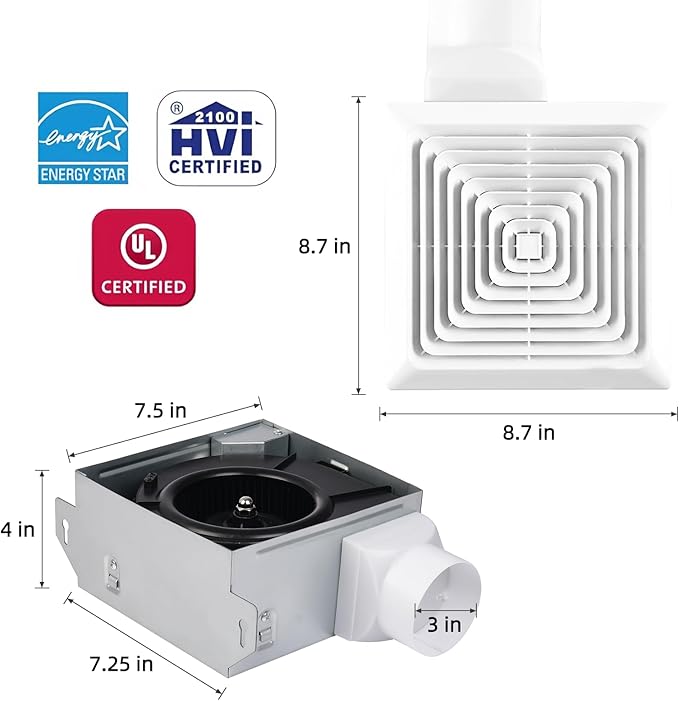 Bathroom Exhaust Fan 50 CFM 1.0 Sone, 3-Inch Duct, Energy Star Certified - Image 3