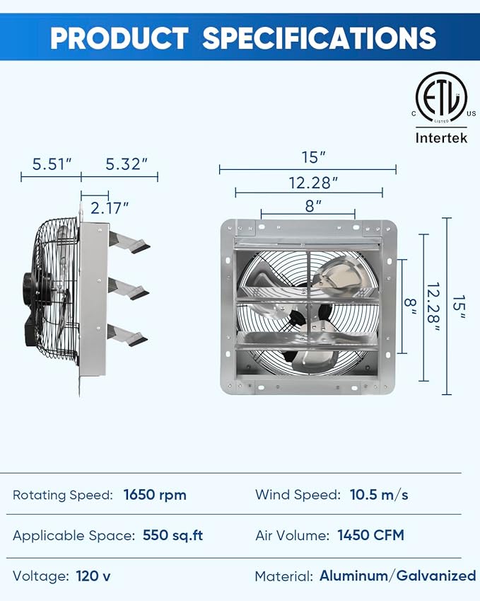 KEN BROWN 12 Inch Shutter Exhaust Fan Wall Mounted, Aluminum - Image 2