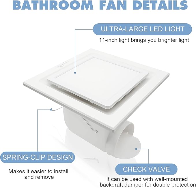 Bathroom Exhaust Fan with Light, Bathroom Fan with 6000K Square LED Combo - Image 4