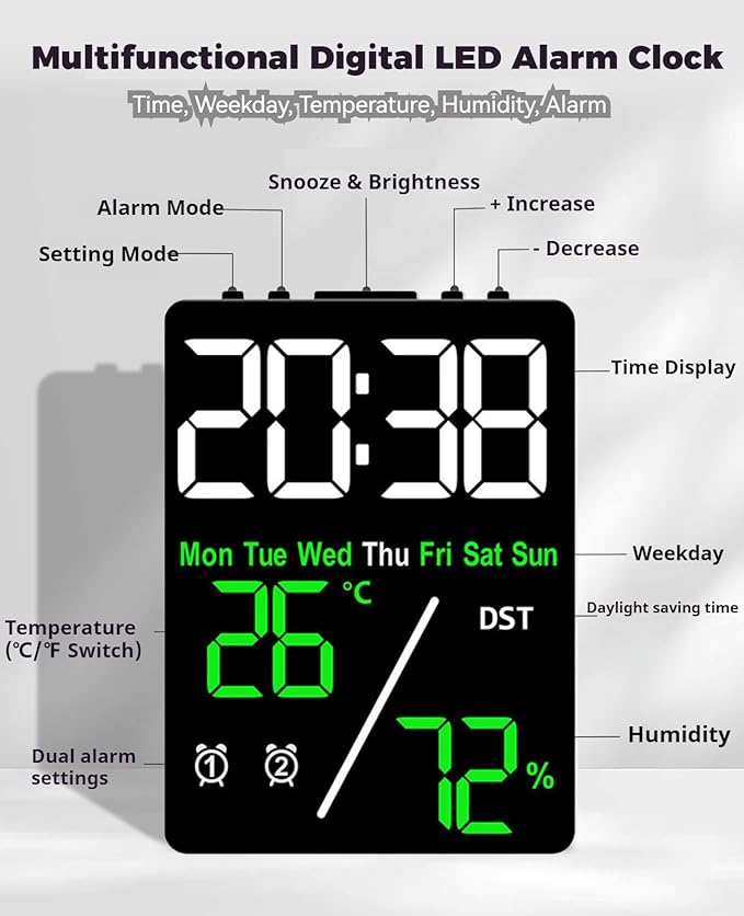 Digital LED Alarm Clock with Thermo-Hygrometer, Dual Alarms, Date & Year Display - Image 4