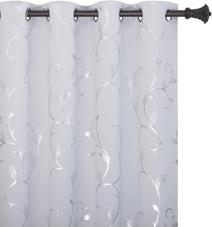 BUHUA Blackout Curtains Silver Foil Print Flower Vine Grommet Drapes, Room by BUHUA