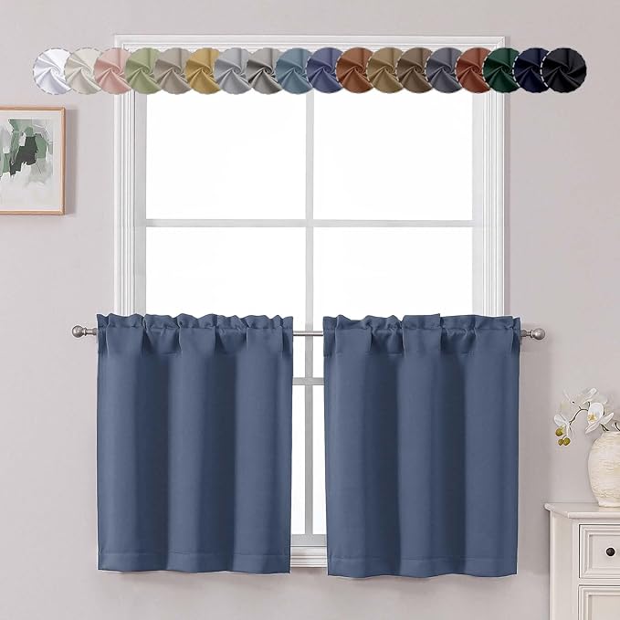 Chyhomenyc Denim Blue Short Blackout Curtains 24 Inch Length, Small Kitchen by Chyhomenyc