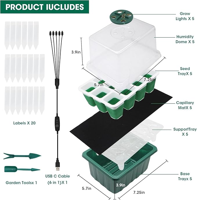 Seed Starter Tray with Grow Light, 5 Pack 60 Cells Seedling Tray Kit Reusable & - Image 2