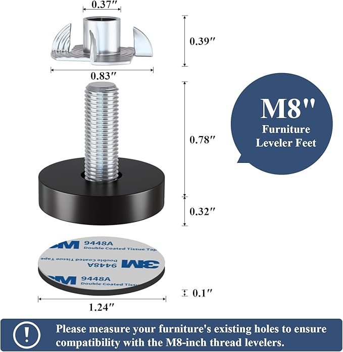 Adjustable Leveling Feet: 12pcs, M8 Thread T-Nuts & Floor Protectors, Heavy - Image 2