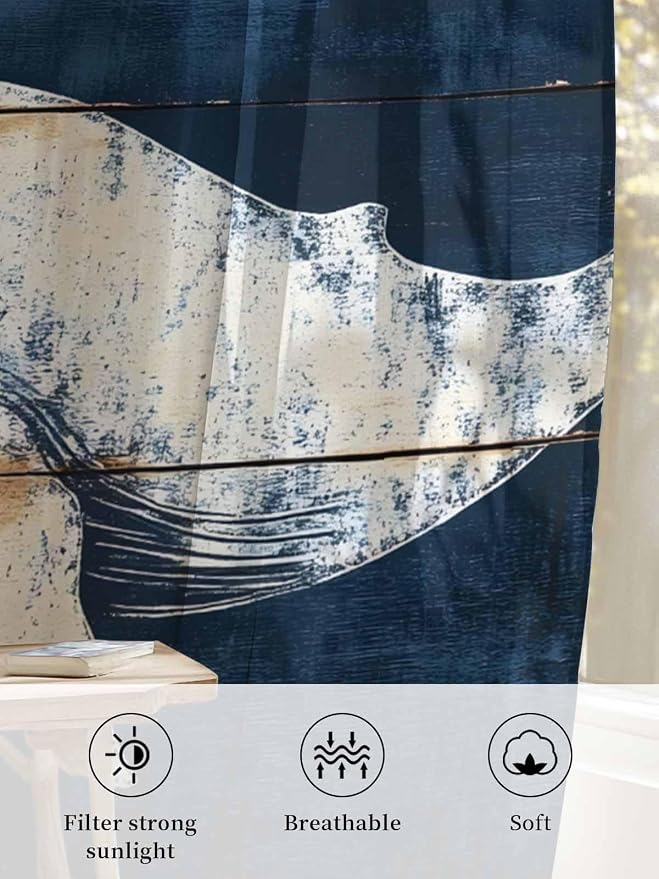 Sheer Curtains 108 Inches Long, Ocean Whale Blue Semi Sheer Curtains Light - Image 6