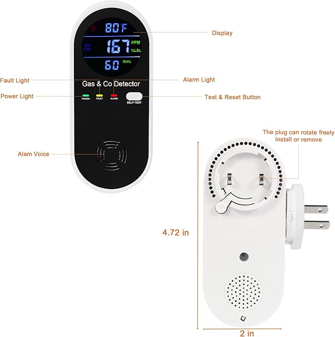 2 Packs Combination Natural-Gas and Carbon-Monoxide-Detector, Koabbit 4-in-1 - Image 2