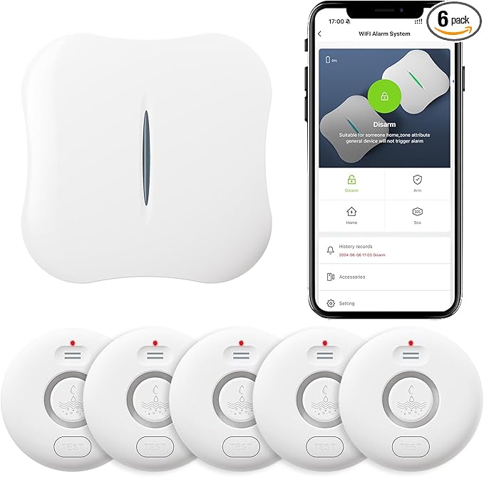 WiFi Water Leak Detectors 5 Pack, 120dB Adjustable Loud Water Leak Sensor by RUIKORING