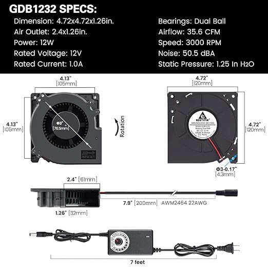 GDSTIME 120mm Blower Fan, AC 110V 220V DC 12V Powered Fan - Image 6