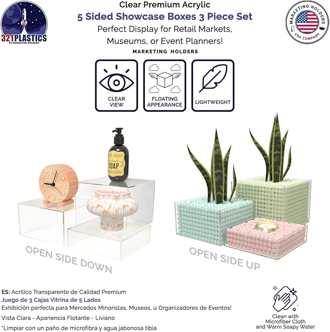 3 Piece Acrylic Display Boxes Retail Clear Product Riser 2" - Image 3
