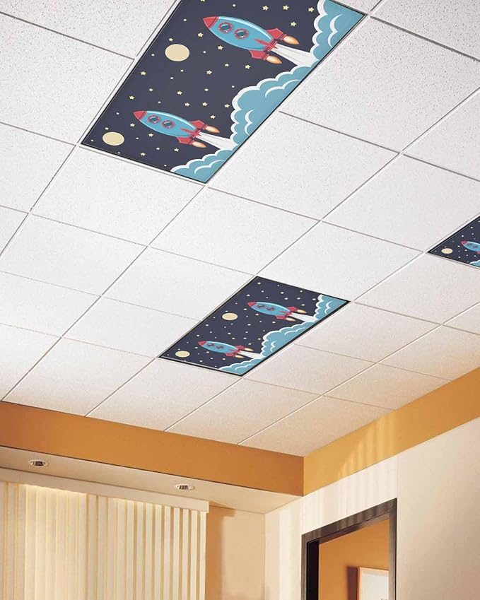 Yukro 2 Pack Cute Cartoon Fluorescent Light Covers Rocket Moon Stars Night Sky - Image 2