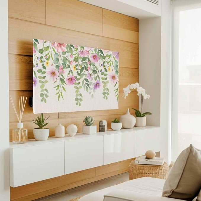 Spring Flowers on Retro Linen Indoor TV Cover, Elastic TV Screen Protector Farm - Image 2