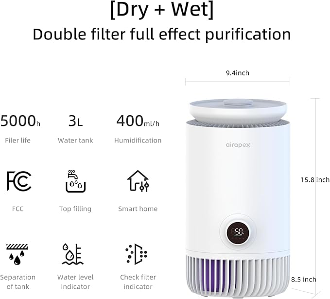 2-in-1 Humidifier and Air Purifier Combo, Mistless Evaporative Humidifier and - Image 7