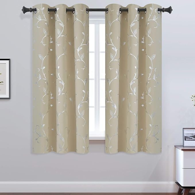 BUHUA Flower Print Blackout Curtains Thermal Insulated Window Curtains Silver - Image 2
