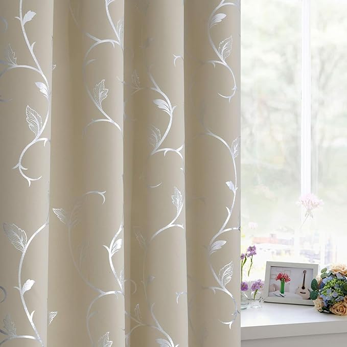 BUHUA Silver Print Blackout Curtain 2 Panel Set Vine Foil Print Thermal - Image 4