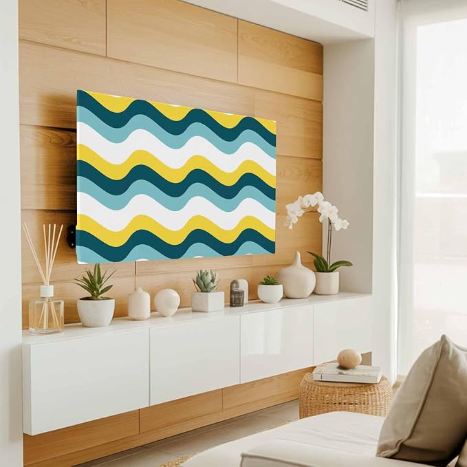 Ombre Yellow Turquoise Waves Indoor TV Cover, Elastic TV Screen Protector - Image 3