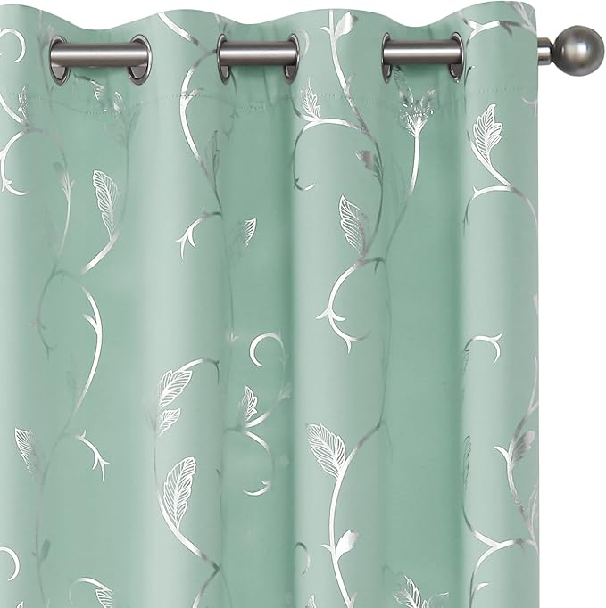 BUHUA Aqua Blackout Curtain 2 Panel Set Silver Vine Foil Print Thermal by BUHUA