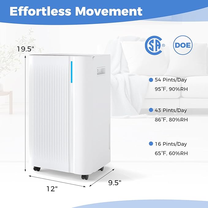 COSTWAY 54 Pints Dehumidifier for Basement, 4500 Sq.Ft Portable Dehumidifier - Image 2