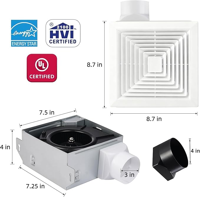 Bathroom Exhaust Fan 50 CFM, 1.2 Sone, 3&4-Inch Duct Included, No Attic Access - Image 5