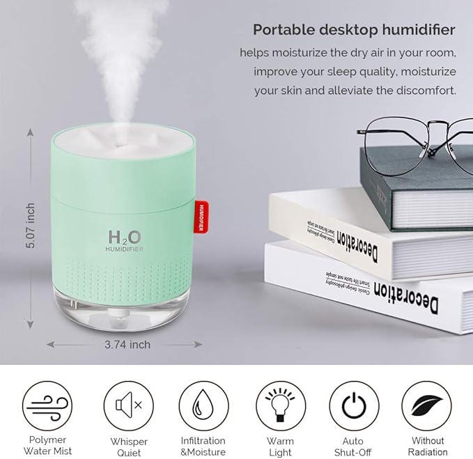 Green Portable Mini Humidifier, 500ml Small Cool Mist USB Desktop Humidifier - Image 2
