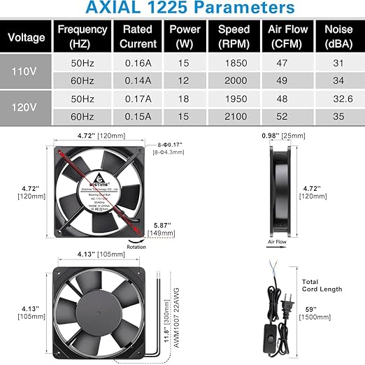 GDSTIME 120mm x 25mm 110V 115V 120V AC Powered Fan Dual Ball Bearing - Image 6