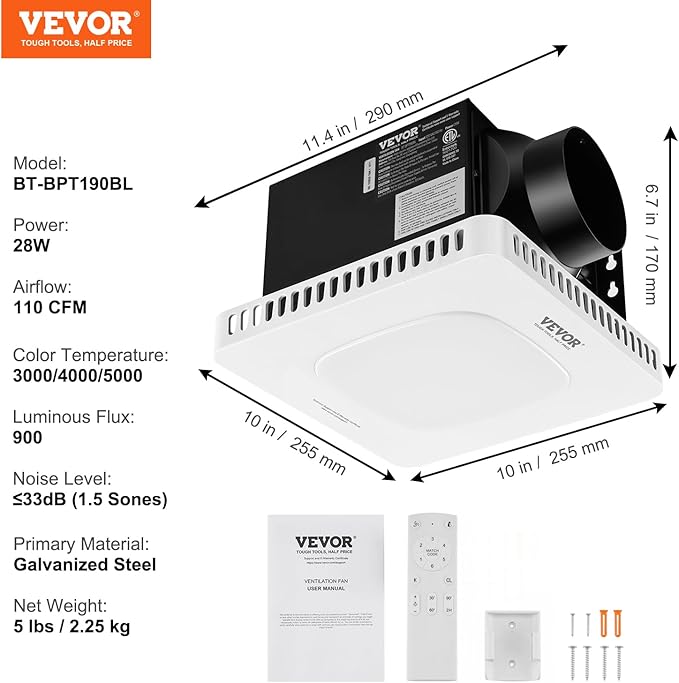 VEVOR Bathroom Exhaust Fan, 110 CFM High-Efficiency Ventilation, Remote Control - Image 7