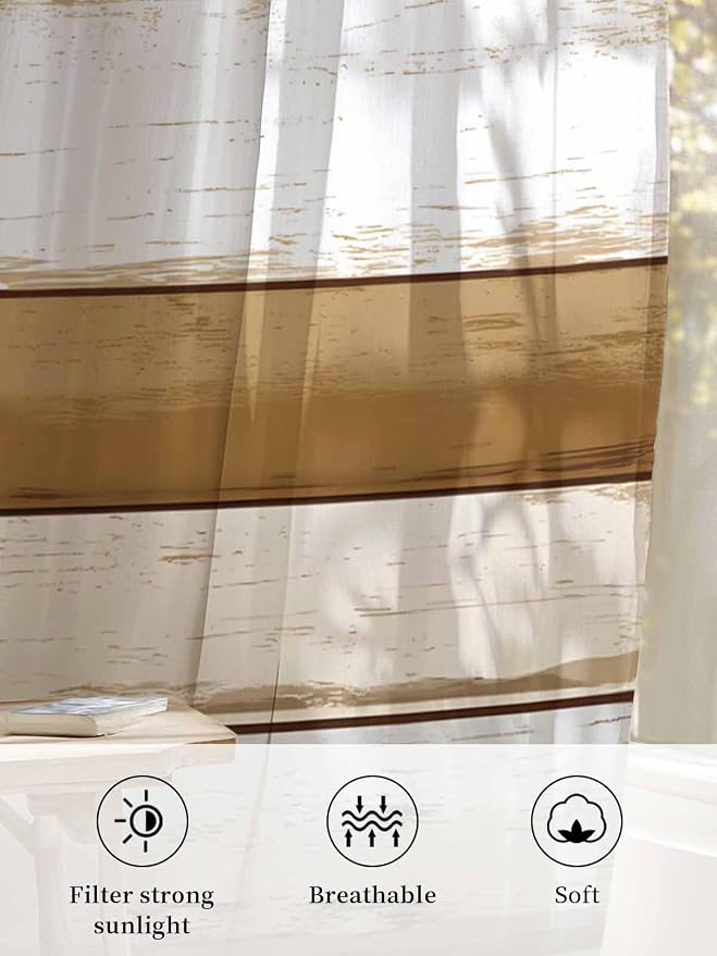 Sheer Curtains 54 Inch Length, Vintage Country Geometric Striped Privacy Voile - Image 6