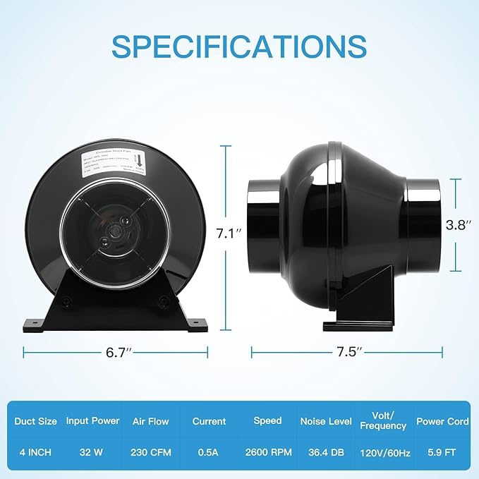 iPower 4 Inch 195 CFM Inline Fan Vent Blower, Speed Controller, Air Carbon - Image 3