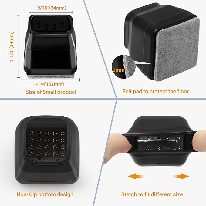 36Pcs Black Square Chair Leg Floor Protectors, High Elastic Felt Furniture Pads - Image 5