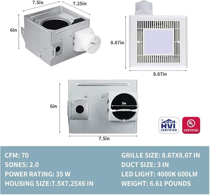 Tech Drive Very-Quiet 70 CFM, 2.0 Sone Bathroom Ventilation and Exhaust Fan - Image 2