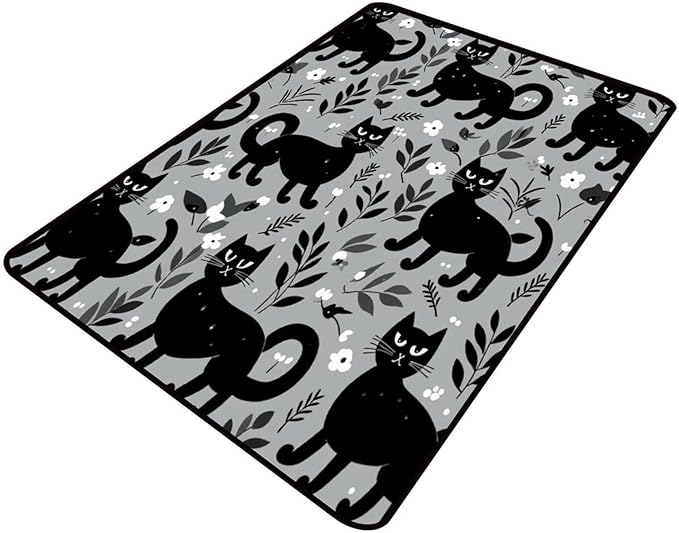 Area Rug Black Cats and Flowers, Pattern Printing, Non-Slip Area Rugs, Fade by Snarena