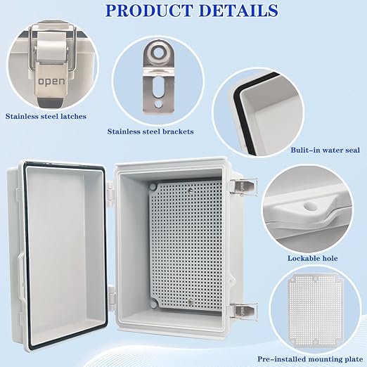 Waterproof Electrical Box, IP67 Junction Box Stainless Steel Latch Hinged Grey - Image 3