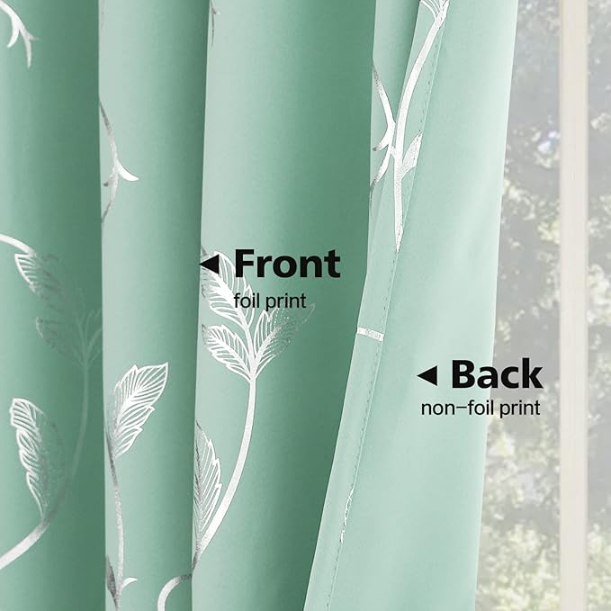 BUHUA Aqua Blackout Curtain 2 Panel Set Silver Vine Foil Print Thermal - Image 4