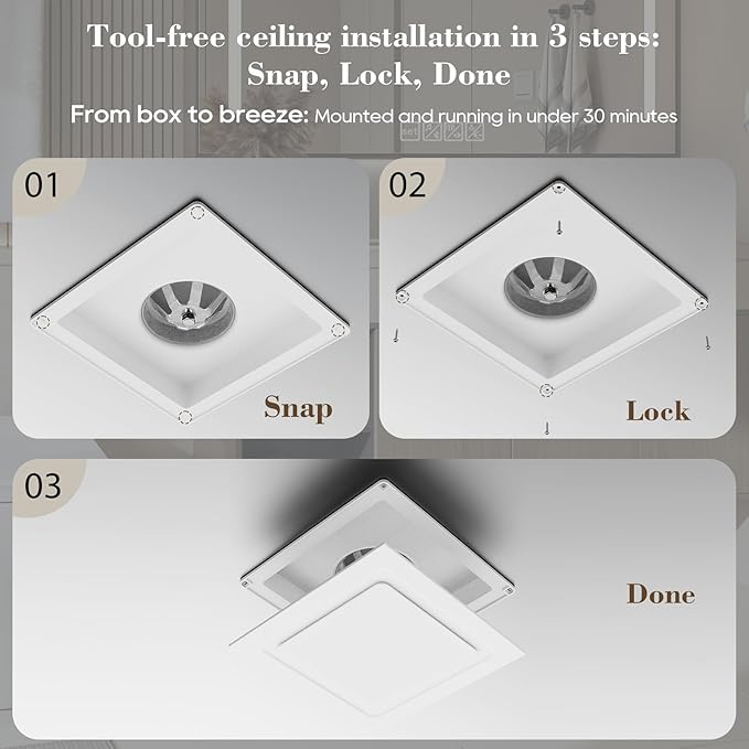 Bathroom Exhaust Fan 12" Panel Ultra Quiet without Light（10x10 Mount）, 1.0 Sone - Image 5